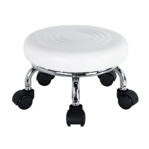 wkwker modern roller seat pu leather low round rolling stool 360° swivel small stool with universal caster wheels foot stool for home office garage shop fitness sport h：8.4" （white）