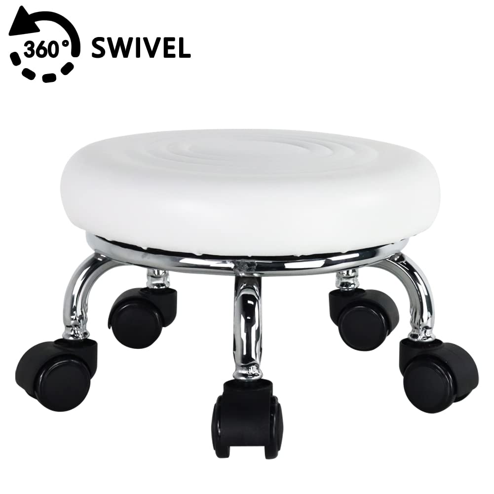 WKWKER Modern Roller Seat PU Leather Low Round Rolling Stool 360° Swivel Small Stool with Universal Caster Wheels Foot Stool for Home Office Garage Shop Fitness Sport H：8.4" （White）