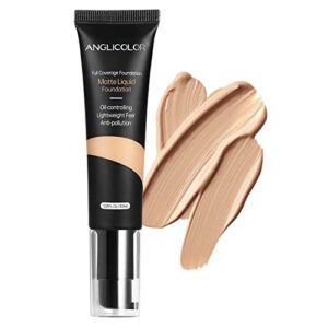 anglicolor matte oil control concealer foundation flawless soft long lasting foundation makeup,waterproof full coverage face makeup strong concealer foundation for oily acne skin (#104 buff beige)