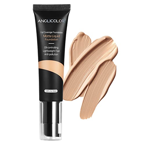 Anglicolor Matte Oil Control Concealer Foundation Flawless Soft Long Lasting Foundation Makeup,Waterproof Full Coverage Face Makeup Strong Concealer Foundation for Oily Acne Skin (#104 Buff Beige)