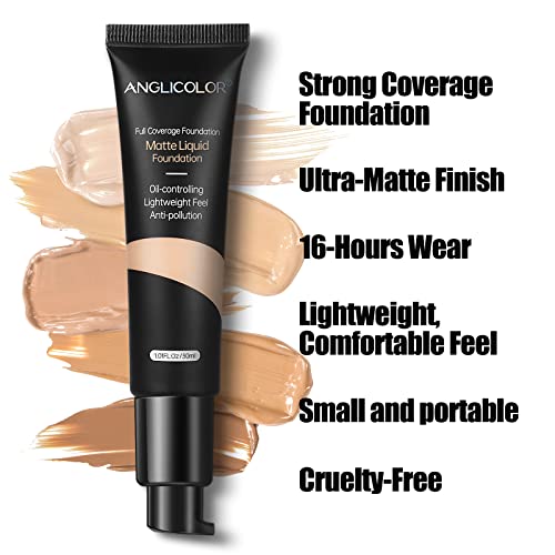 Anglicolor Matte Oil Control Concealer Foundation Flawless Soft Long Lasting Foundation Makeup,Waterproof Full Coverage Face Makeup Strong Concealer Foundation for Oily Acne Skin (#104 Buff Beige)