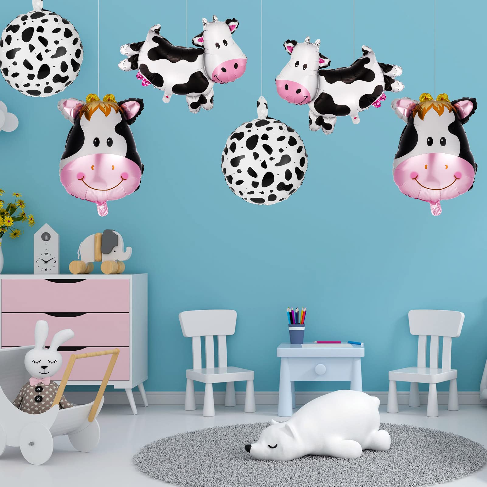 JOELELI 6 Pcs Huge Cow Balloon Walking Cow Foil Balloon Funny Cow Print Balloon Big Cow Head Mylar Balloon for Baby Shower Boy Girl 1st Birthday Farm Animal Western Cowboy Theme Party Decoration