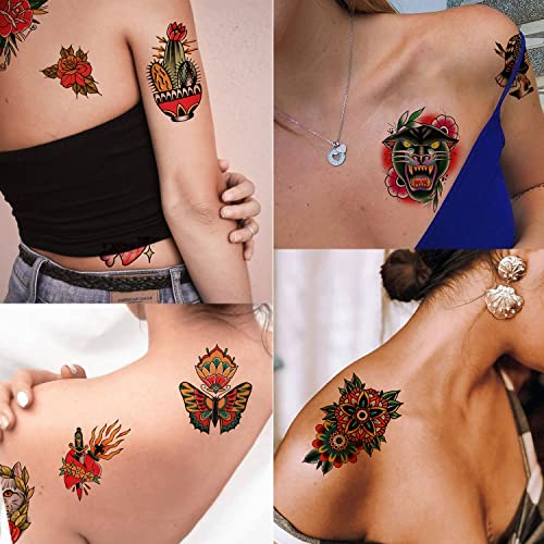 Tazimi 8 sheets Classic Temporary Tattoos Old School Tattoos Stickers Colorful Vintage Flower Arm Swallows Butterflies Eagle Cactus Scorpion Skull Tattoos Sticker for Men Women