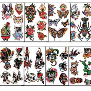 Tazimi 8 sheets Classic Temporary Tattoos Old School Tattoos Stickers Colorful Vintage Flower Arm Swallows Butterflies Eagle Cactus Scorpion Skull Tattoos Sticker for Men Women