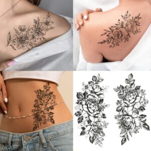 tazimi 12 sheets 3d black flower temporary tattoos for women rose peony flower sketch tattoos stickers for women body art