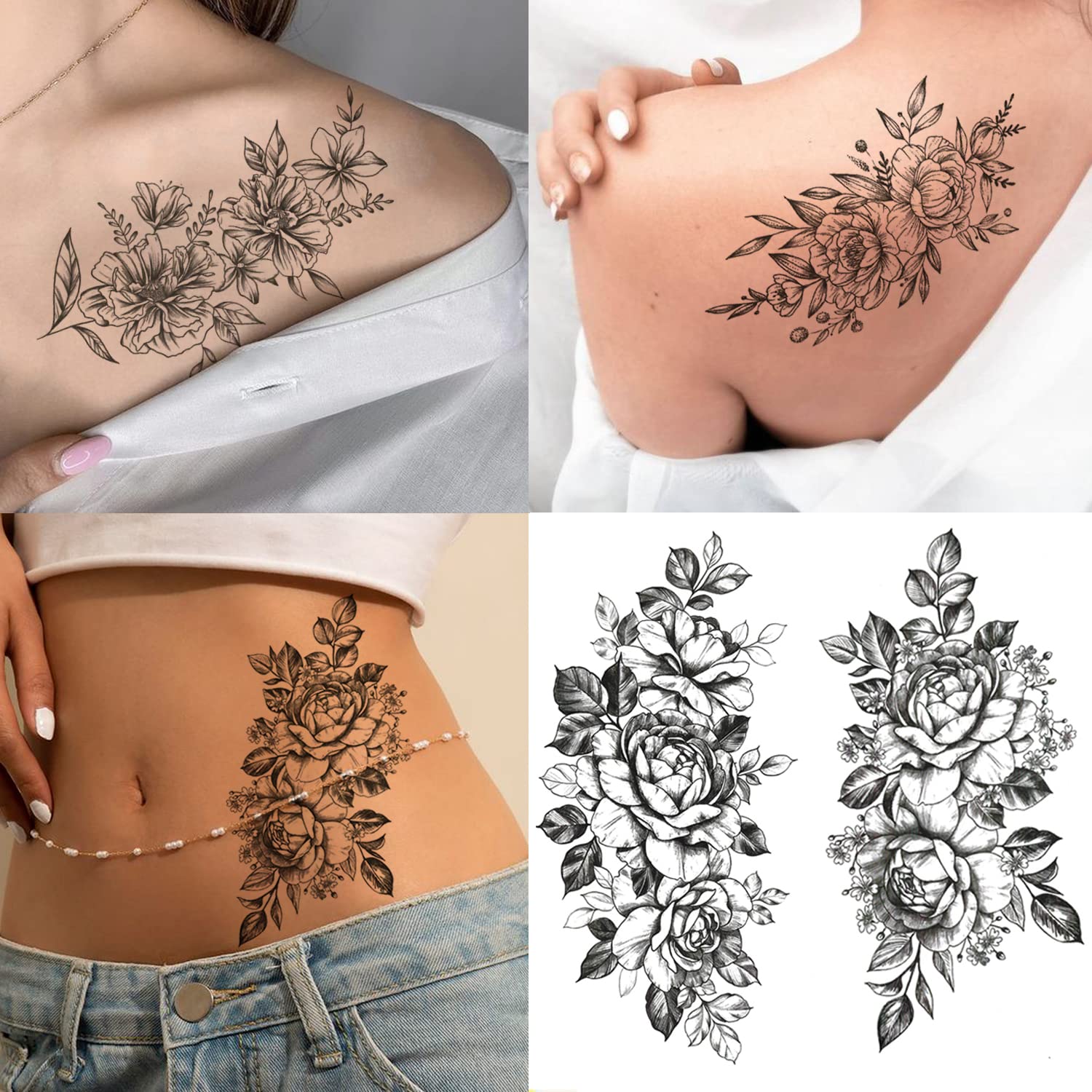 Tazimi 12 Sheets 3D Black Flower Temporary Tattoos For Women Rose Peony Flower Sketch Tattoos Stickers For Women Body Art