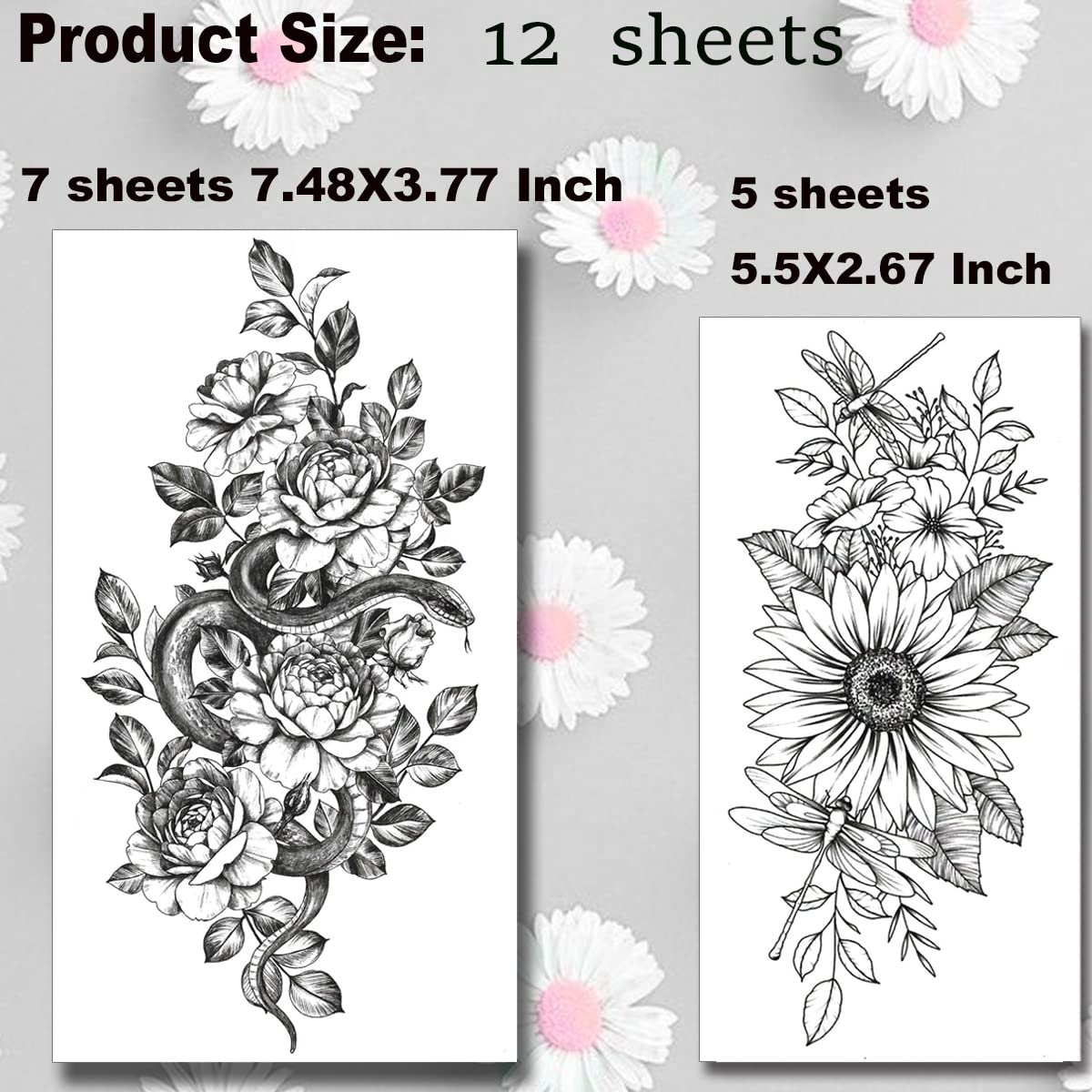 Tazimi 12 Sheets 3D Black Flower Temporary Tattoos For Women Rose Peony Flower Sketch Tattoos Stickers For Women Body Art