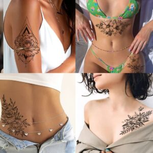 Tazimi 12 Sheets 3D Black Flower Temporary Tattoos For Women Rose Peony Flower Sketch Tattoos Stickers For Women Body Art