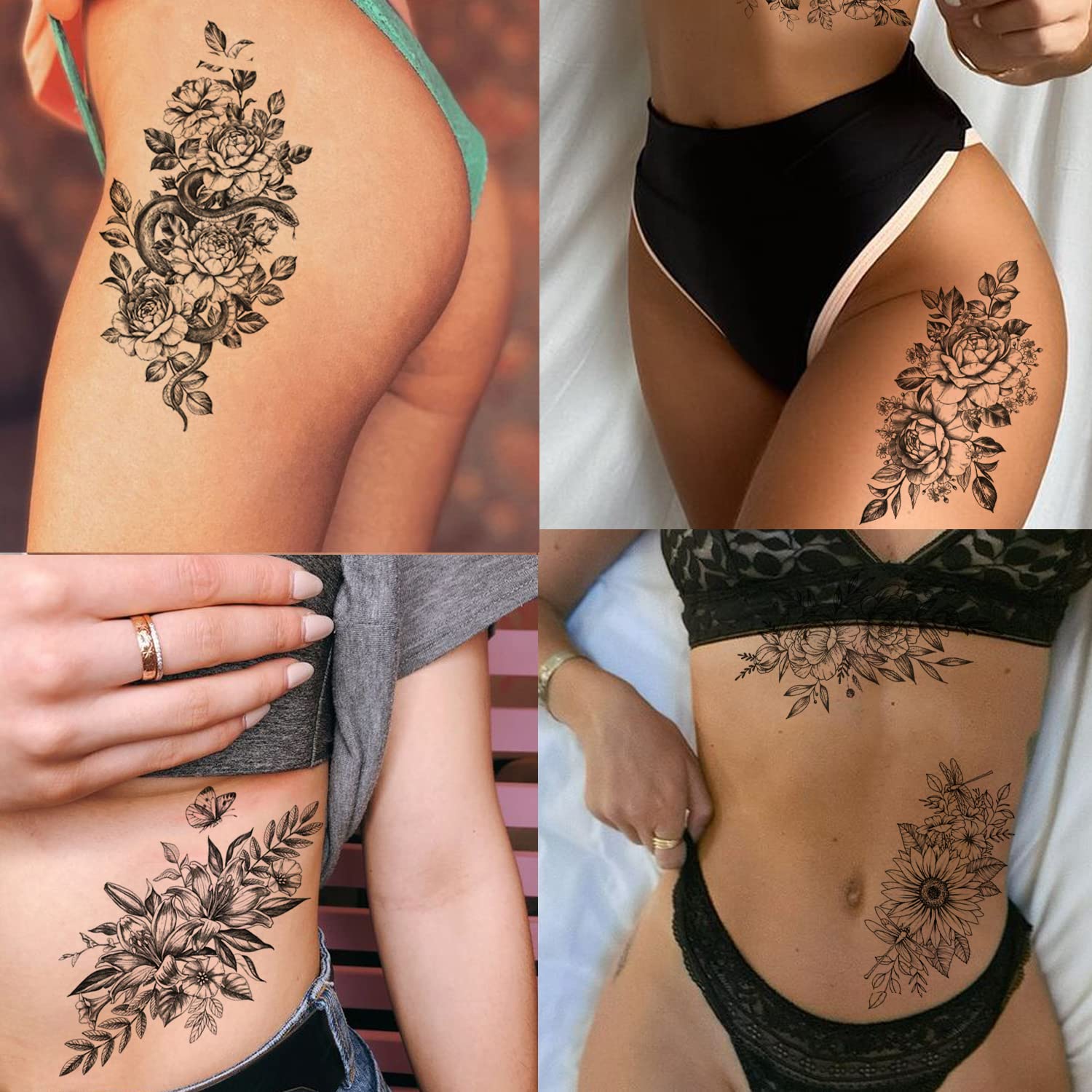 Tazimi 12 Sheets 3D Black Flower Temporary Tattoos For Women Rose Peony Flower Sketch Tattoos Stickers For Women Body Art