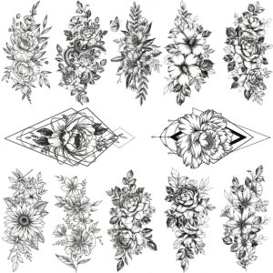 Tazimi 12 Sheets 3D Black Flower Temporary Tattoos For Women Rose Peony Flower Sketch Tattoos Stickers For Women Body Art