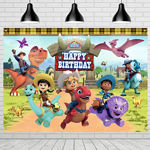 Treasures Gifted Dino Ranch Birthday Party Supplies - Dino Ranch Backdrop - 4.25ft Tall x 6ft Wide Happy Birthday Backdrop - Large Dino Ranch Birthday Banner - Dino Ranch Party Decorations for Wall