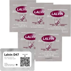 lalvin d47 wine yeast (5 pack) - make wine cider mead kombucha at home - 5 g sachets - saccharomyces cerevisiae - sold by capybara distributors inc.