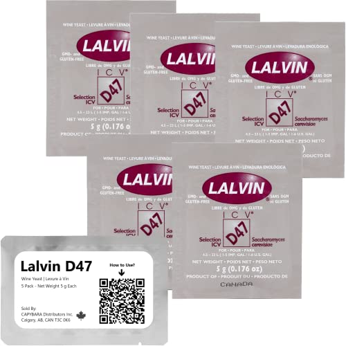 Lalvin D47 Wine Yeast (5 Pack) - Make Wine Cider Mead Kombucha At Home - 5 g Sachets - Saccharomyces cerevisiae - Sold by CAPYBARA Distributors Inc.