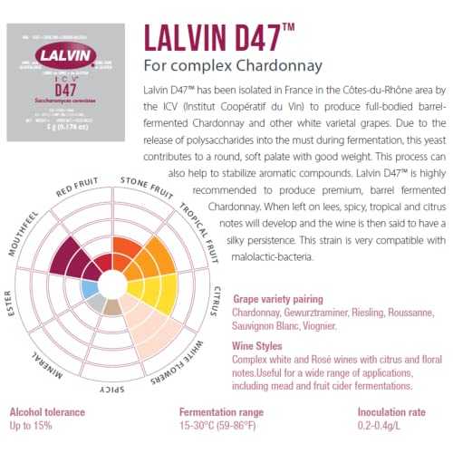 Lalvin D47 Wine Yeast (5 Pack) - Make Wine Cider Mead Kombucha At Home - 5 g Sachets - Saccharomyces cerevisiae - Sold by CAPYBARA Distributors Inc.