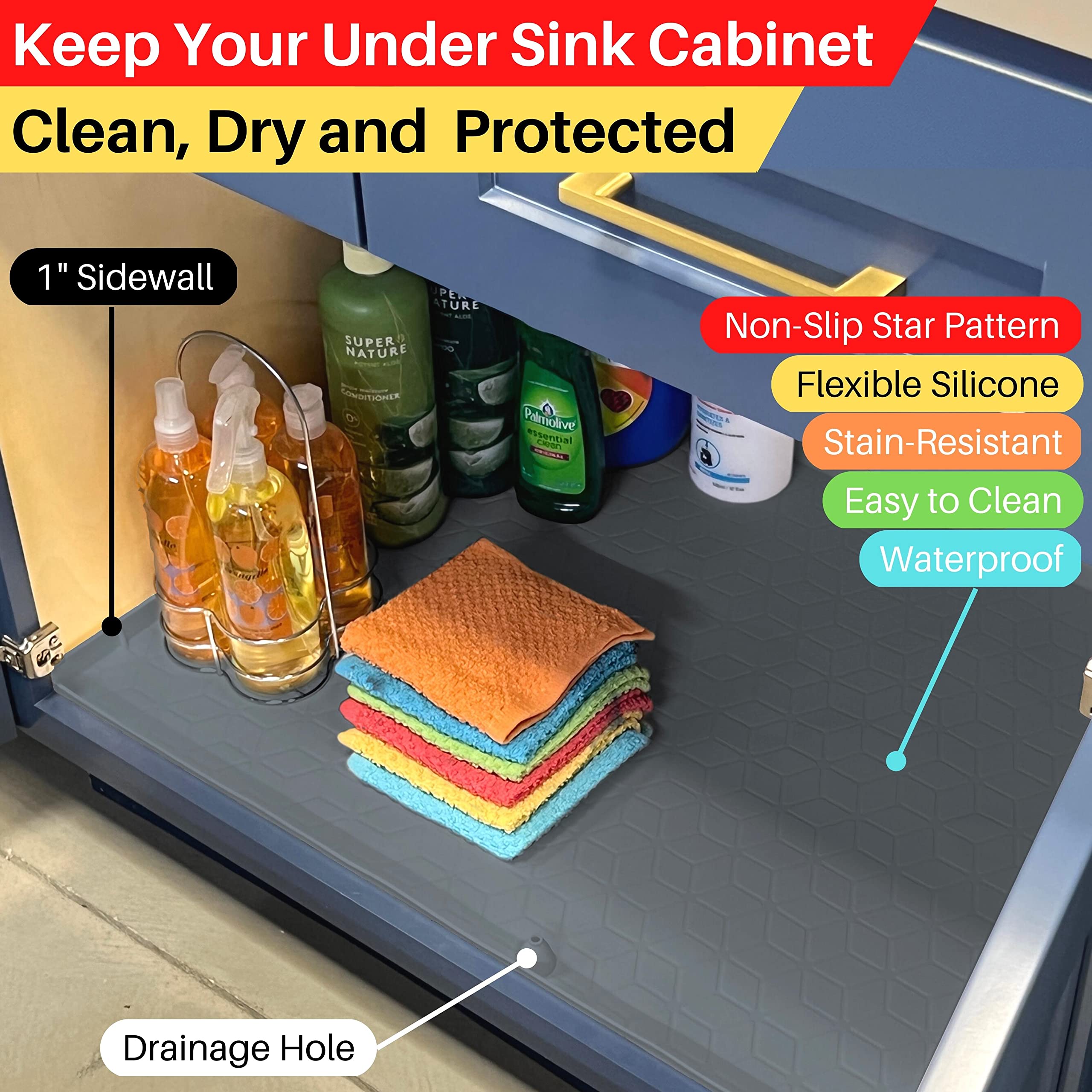 maryha Under Sink Mat for Kitchen Cabinet - Waterproof Silicone Proctor Tray for Leaks, Drips, Spills - Flexible Shelf Liner with Raised Edge and Drain Hole for Kitchen, Bathroom - 34" x 22" Black