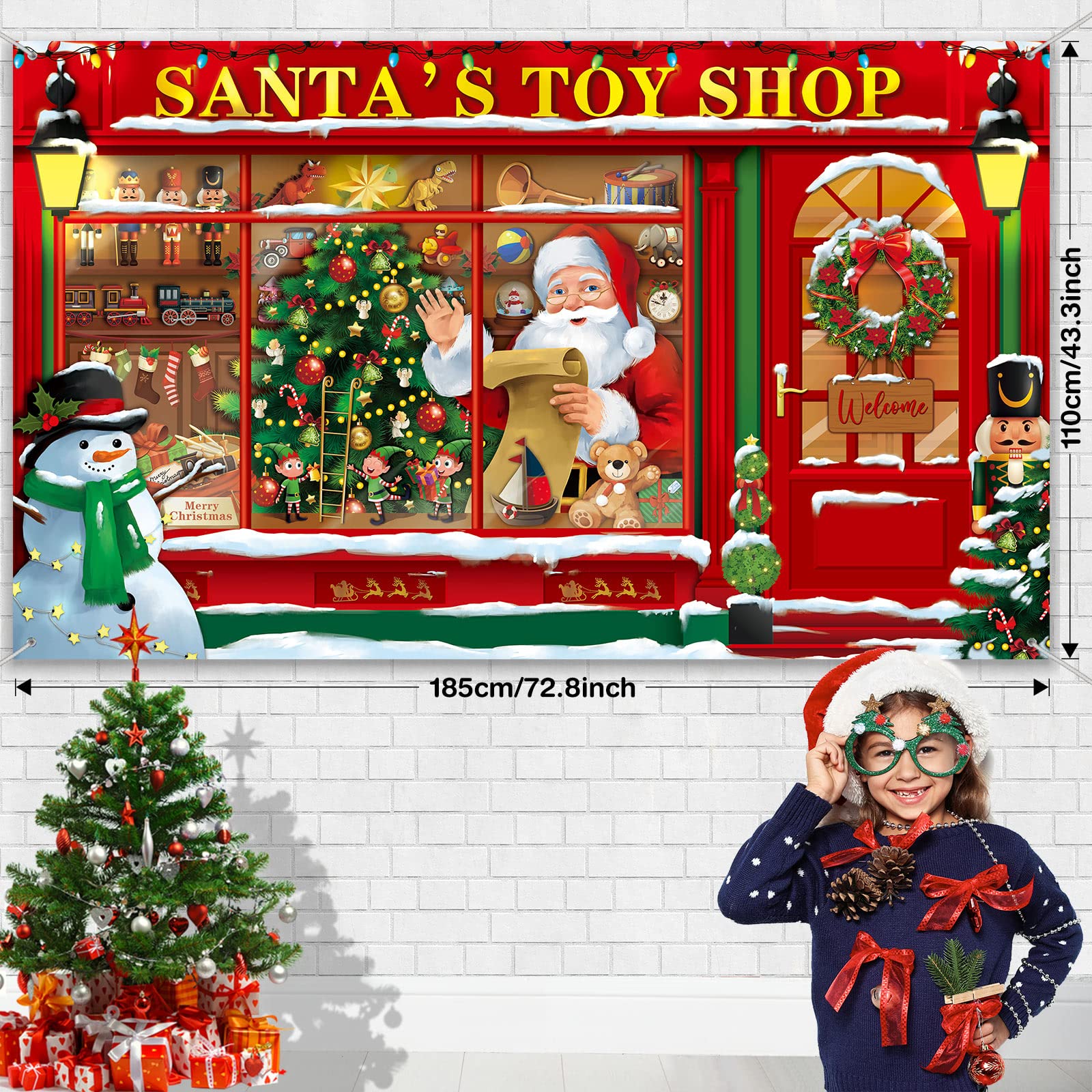 Christmas Backdrop Banner - Santa's Toy Shop Store Background for Holiday Party Photos, 72.8 x 43.3 Inches (Classic)