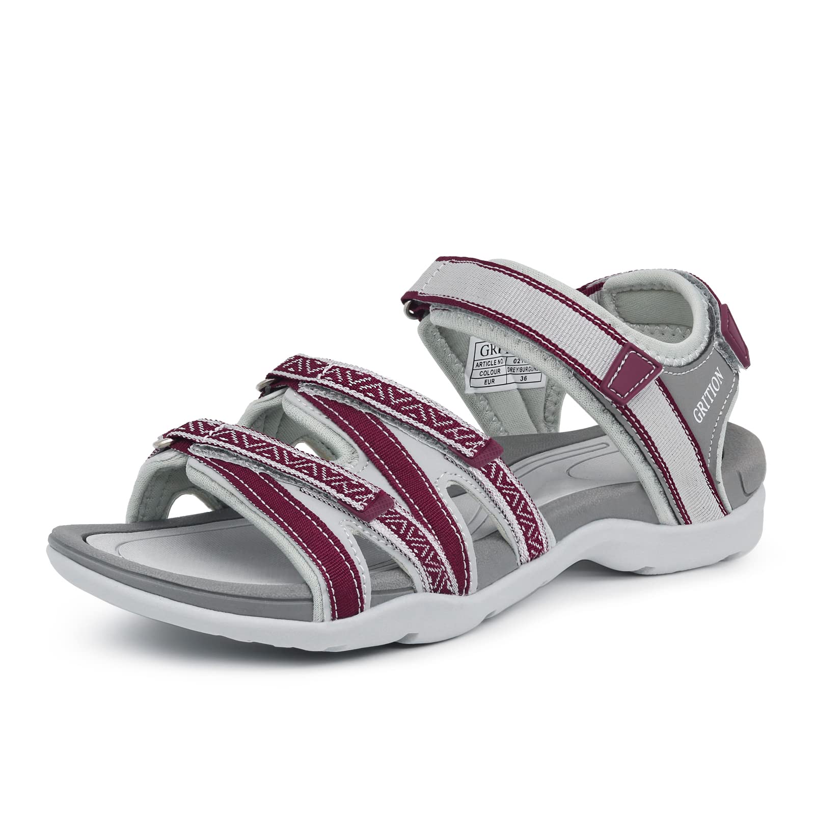 GRITION Hiking Sandals for Women, Comfortable Summer Sports Walking Sandal Adjustable Strap, Ladies Lightweight Waterproof Athletic Beach Water Sandles Outdoor Burgundy (9 US/40 EU)