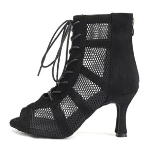 aoqunfs latin salsa dance shoes lace-up open toe ballroom dance heel boots women,l446,black-8.5, us 7