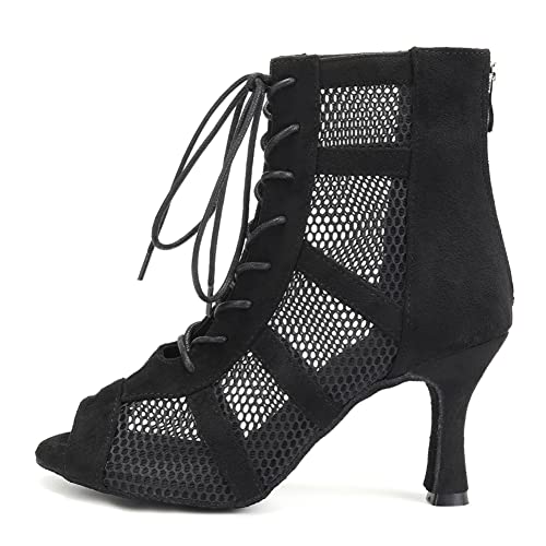 AOQUNFS Latin Salsa Dance Shoes Lace-up Open Toe Ballroom Dance Heel Boots Women,L446,Black-8.5, US 7