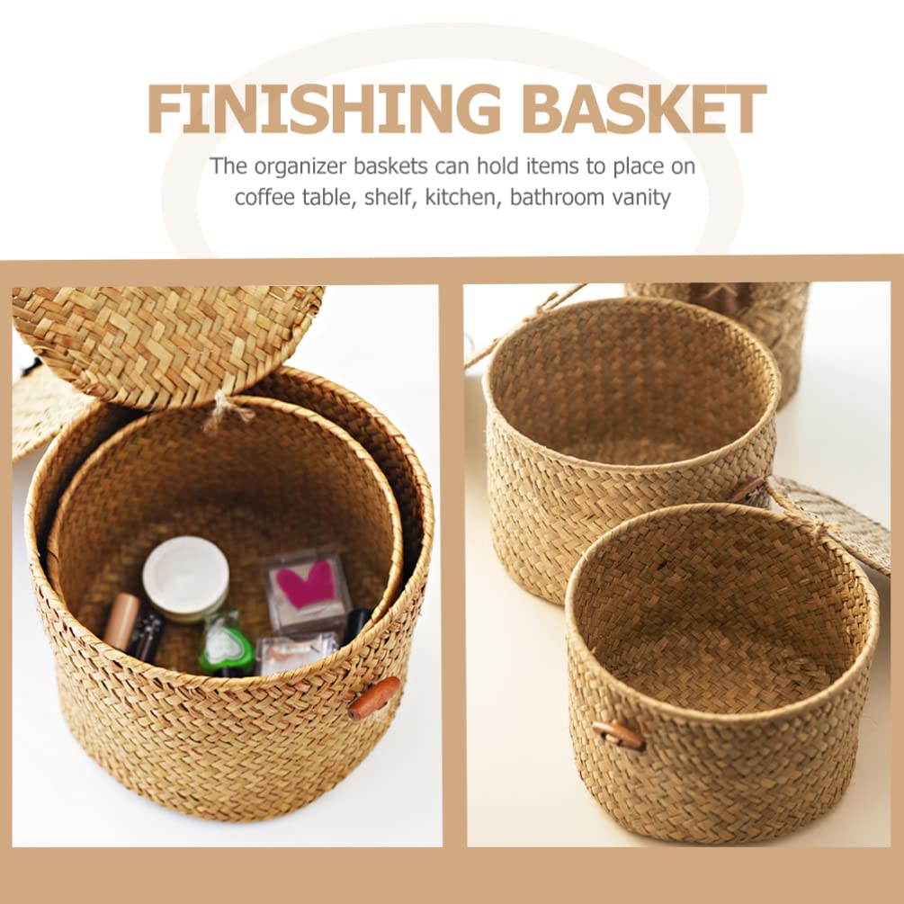 STOBAZA Wicker Storage Basket Round Storage Basket Desktop Sundries Organizer Lidded Basket Bin Gifts Basket Snacks Candy Container Toilet Paper Roll Box for Home Office Bedroom Centerpiece Tray