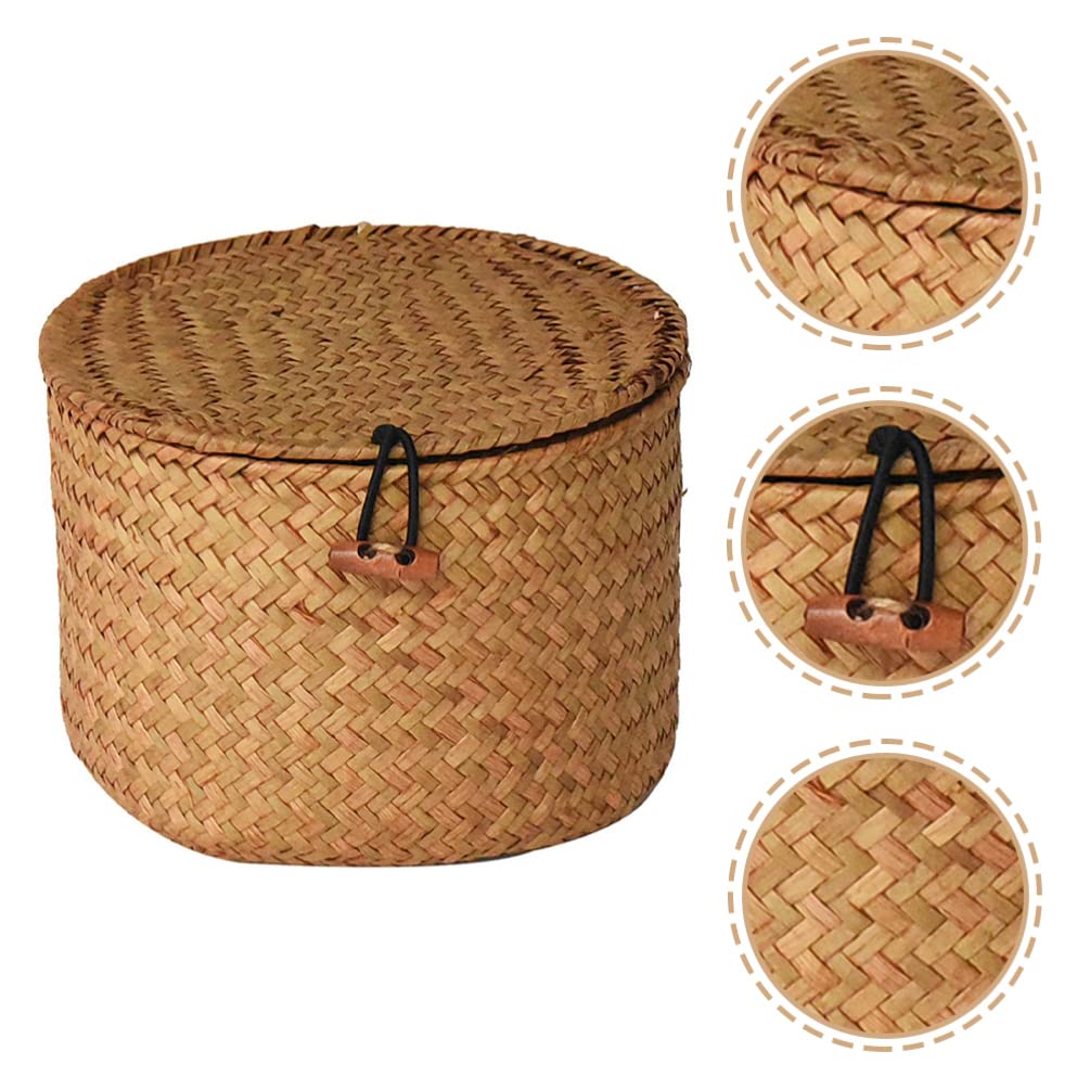 STOBAZA Wicker Storage Basket Round Storage Basket Desktop Sundries Organizer Lidded Basket Bin Gifts Basket Snacks Candy Container Toilet Paper Roll Box for Home Office Bedroom Centerpiece Tray