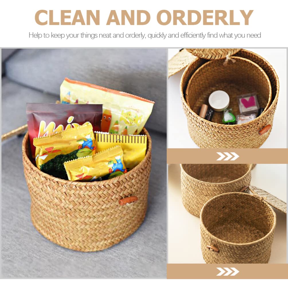 STOBAZA Wicker Storage Basket Round Storage Basket Desktop Sundries Organizer Lidded Basket Bin Gifts Basket Snacks Candy Container Toilet Paper Roll Box for Home Office Bedroom Centerpiece Tray