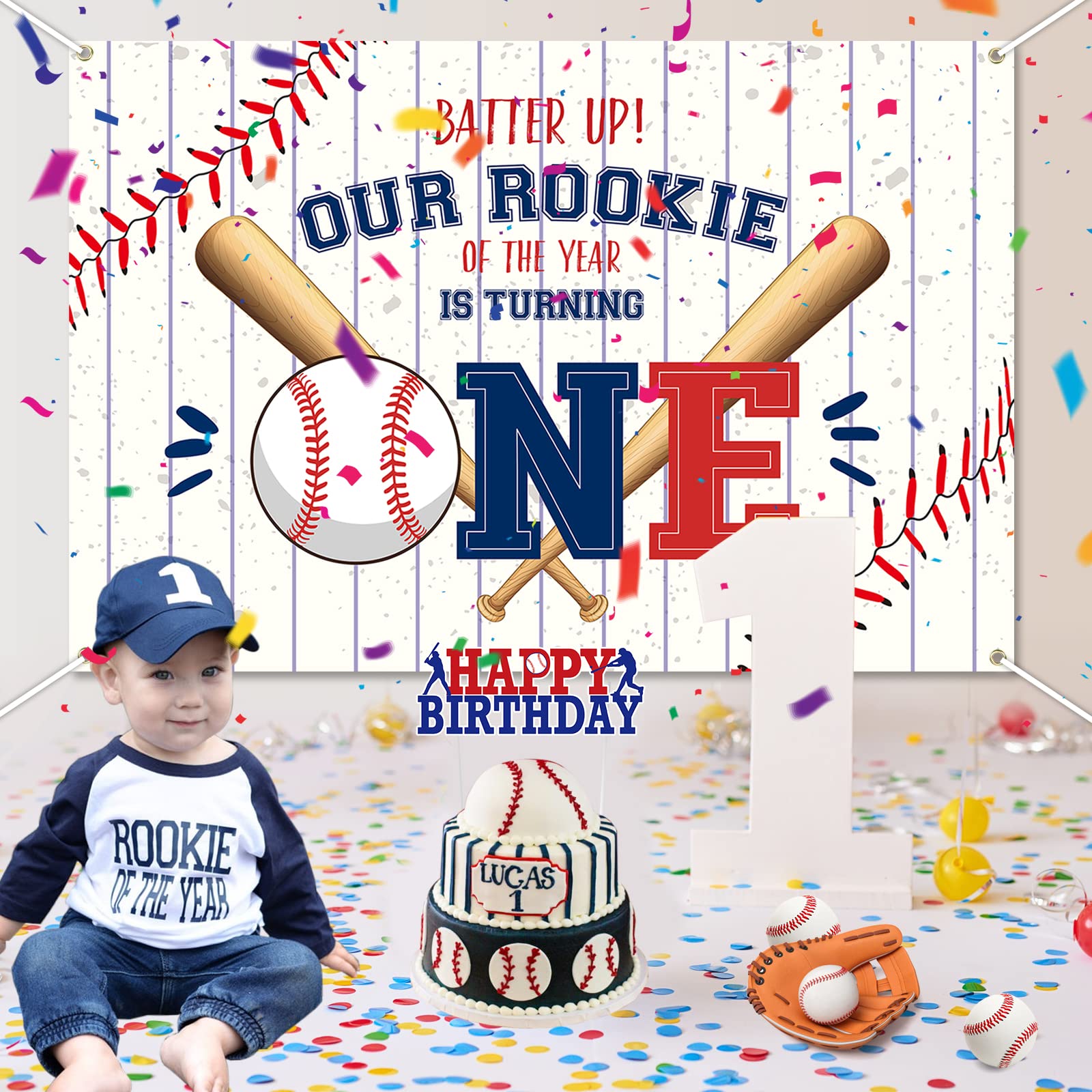 Baseball 1st Birthday Decoration, My Rookie Year Banner Backdrop for Boys Baby First Birthday Party Decor, Baseball Rookie of The Year Decoration, 71x47inch Baseball One Year Old Decor