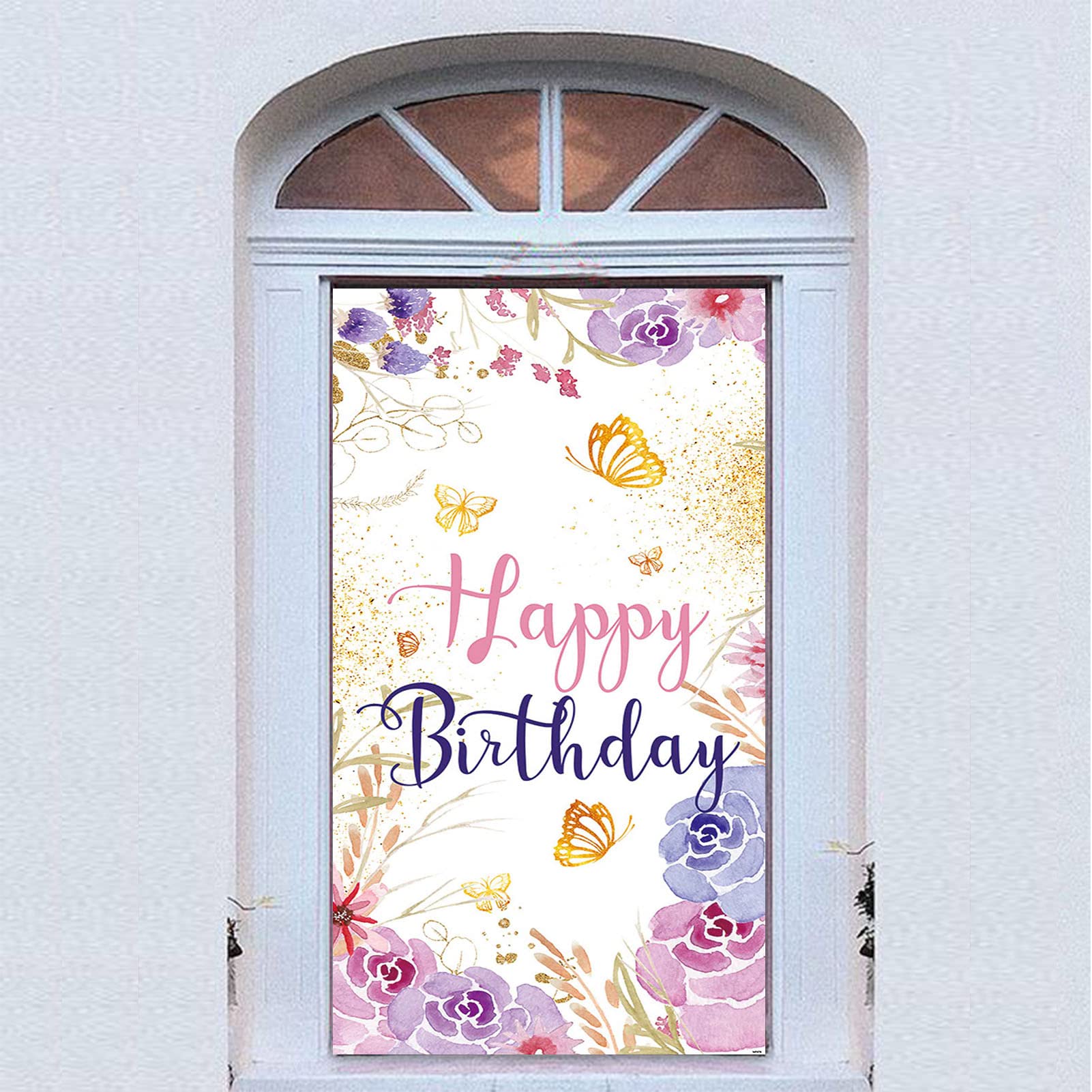 Floral Butterfly Happy Birthday Door Banner Decor Supplies Girls Birthday Party Door Banner Cake Table Banner 72.8x35.4in Outdoor & Indoor Hanging Banner