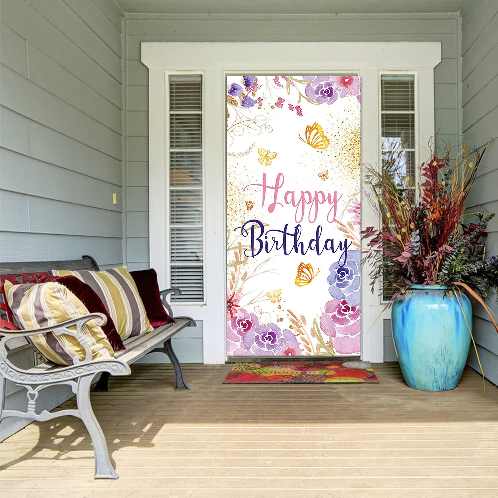 Floral Butterfly Happy Birthday Door Banner Decor Supplies Girls Birthday Party Door Banner Cake Table Banner 72.8x35.4in Outdoor & Indoor Hanging Banner