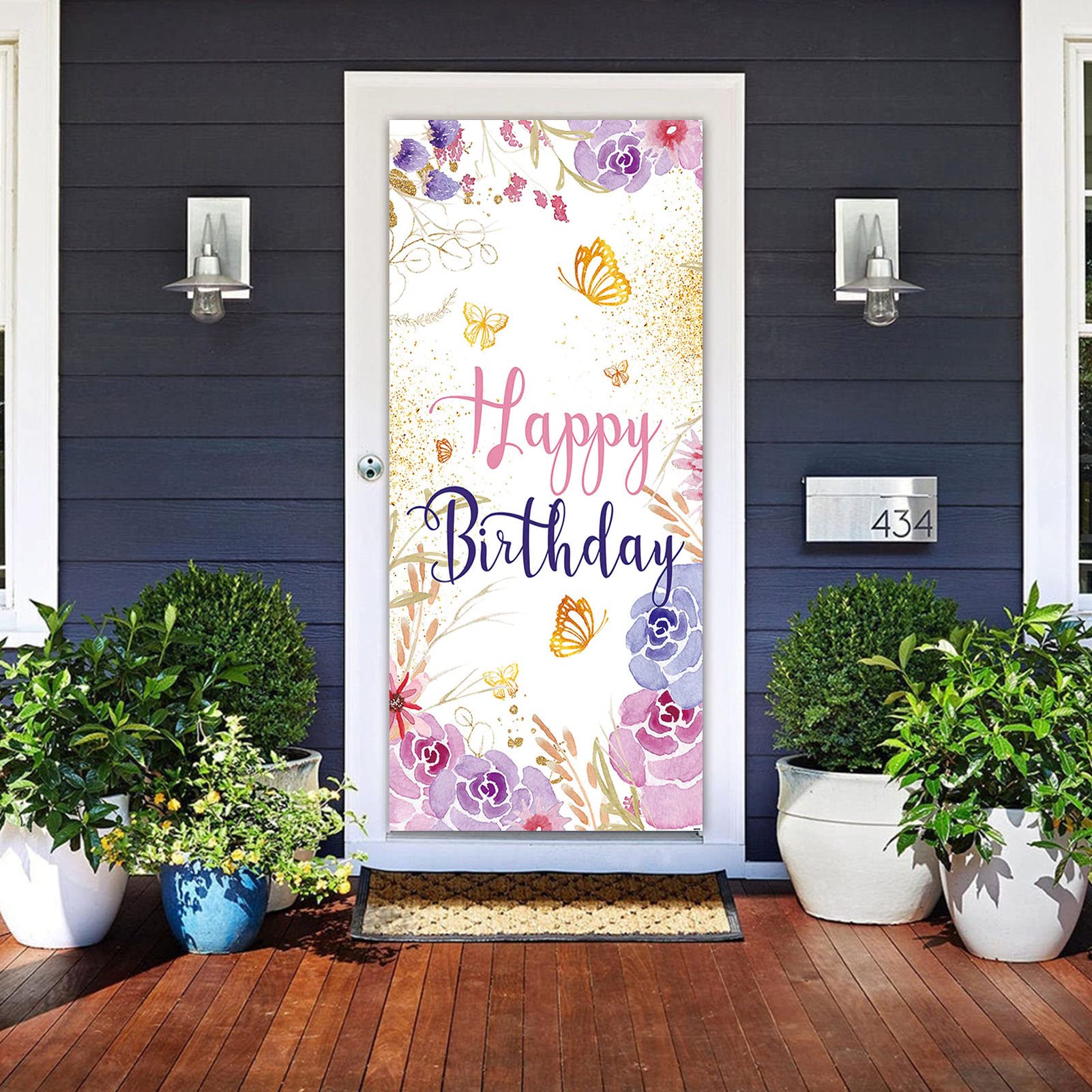 Floral Butterfly Happy Birthday Door Banner Decor Supplies Girls Birthday Party Door Banner Cake Table Banner 72.8x35.4in Outdoor & Indoor Hanging Banner