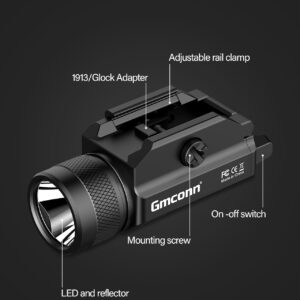 Gmconn 1250 Lumen Tactical Flashlight Pistol Light Rail Mounted LED Gun Light Strobe Weaponlight for Glock Pistol and Picatinny MIL-STD-1913