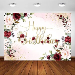 avezano happy birthday backdrop for women burgundy white and red rose gold glitter bokeh spots photo background vinyl birthday party decorations banner supplies (7x5ft)
