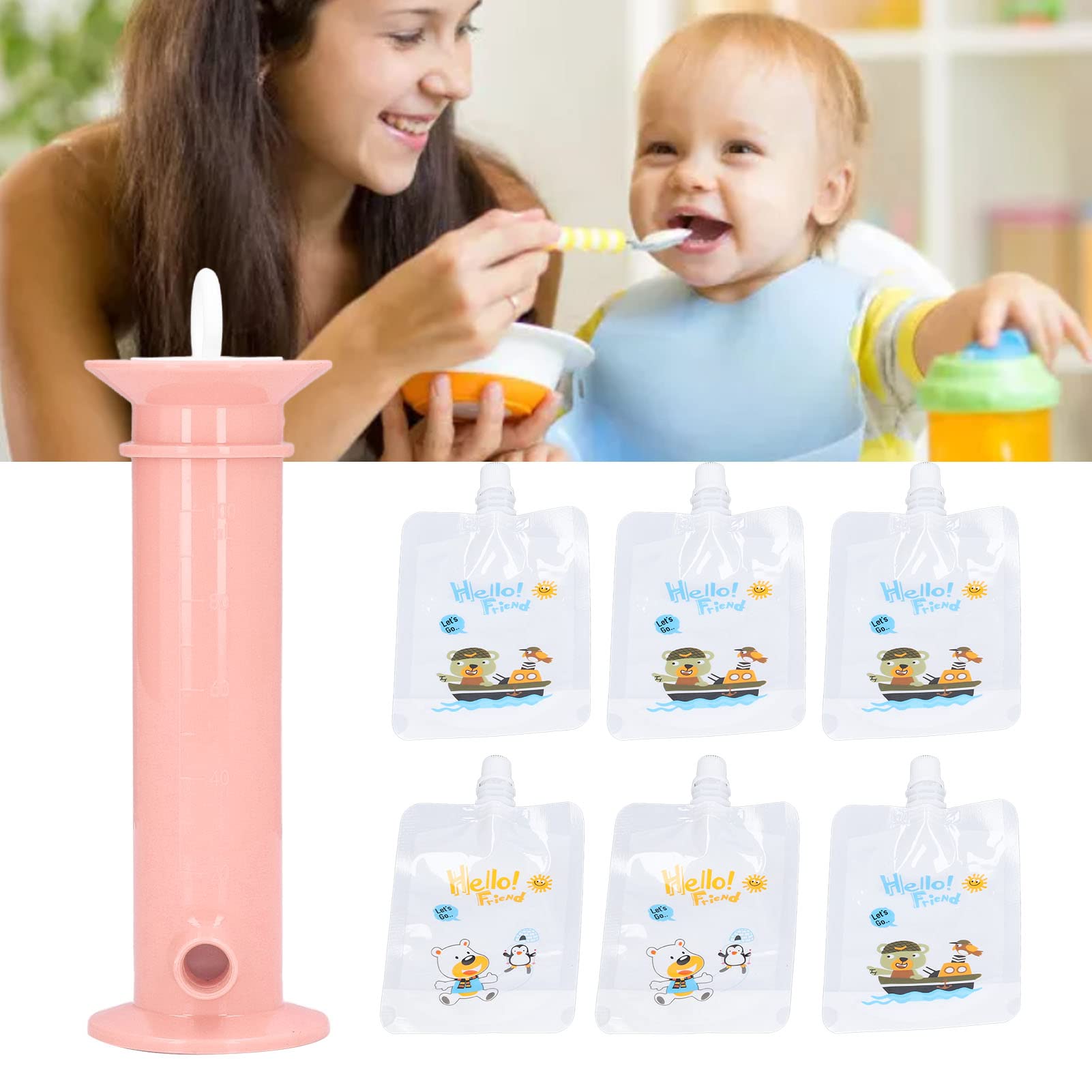 7pcs Set Baby Food Pouch Maker Reusable Pure Color Pouches Toddler Fruit Squeeze Puree Filler for Kids(Pink)