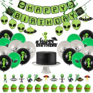 whaline 53pcs alien birthday party decorations set alien balloons assorted alien cupcake toppers alien birthday banner outer space saucer balloons ufo hanging swirls for alien birthday party decor