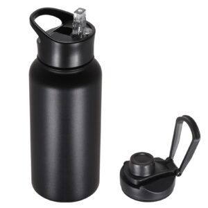 vqrrcki 32 oz insulated water bottle with straw lid & wide mouth lids, stainless steel sports water bottles, double walled vacuum, leak proof, black