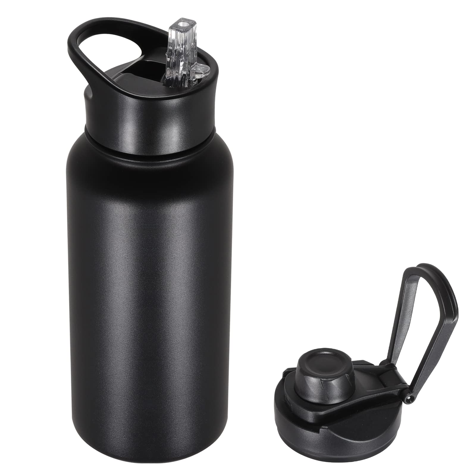 VQRRCKI 32 Oz Insulated Water Bottle with Straw Lid & Wide Mouth Lids, Stainless Steel Sports Water Bottles, Double Walled Vacuum, Leak Proof, Black