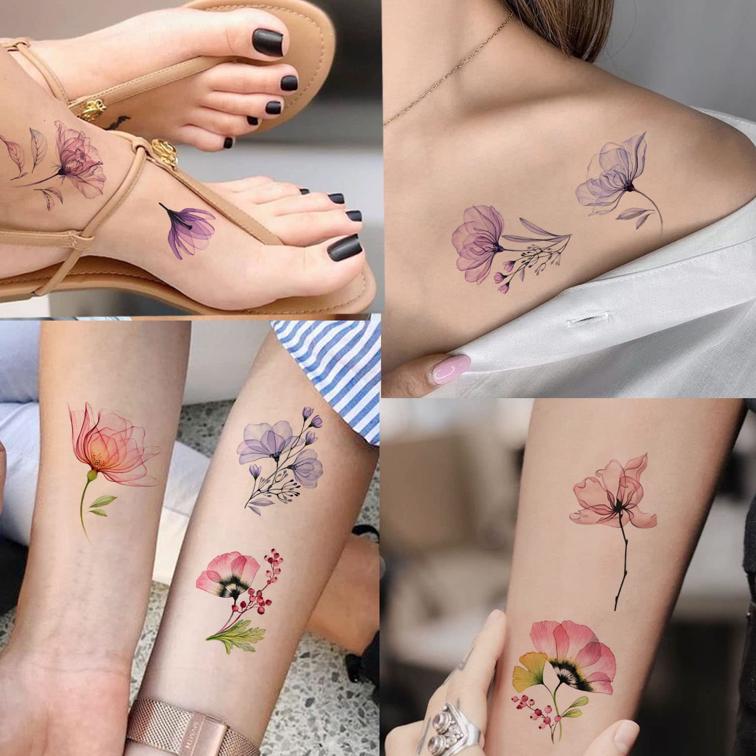 Tazimi 16 Sheets X-Ray Flower Temporary Tattoos for Women, Xray Watercolor Rose Lily Flower Tattoos Arm Fake Flower Tattoo Stickers Body Art Waterproof Tattoo Stickers