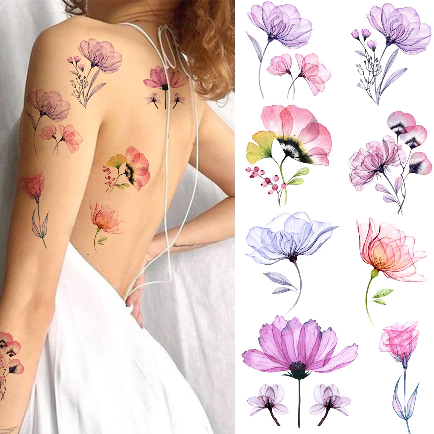 Tazimi 16 Sheets X-Ray Flower Temporary Tattoos for Women, Xray Watercolor Rose Lily Flower Tattoos Arm Fake Flower Tattoo Stickers Body Art Waterproof Tattoo Stickers