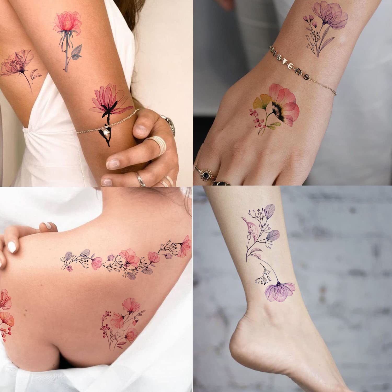 Tazimi 16 Sheets X-Ray Flower Temporary Tattoos for Women, Xray Watercolor Rose Lily Flower Tattoos Arm Fake Flower Tattoo Stickers Body Art Waterproof Tattoo Stickers