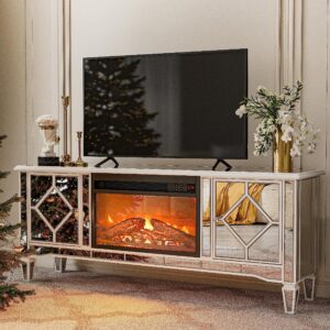 ikifly mirrored tv stand with fireplace for 75+ inch tv, silver electric fireplace entertainment center w/7 colors changing & 3d realistic flame effect for living room