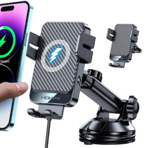 wireless car charger, mokpr 15w fast charging auto-clamping car mount universal hands-free car charger mount for dash windshield air vent compatible with iphone 15/14/13/12, samsung s23/s22/s21,etc