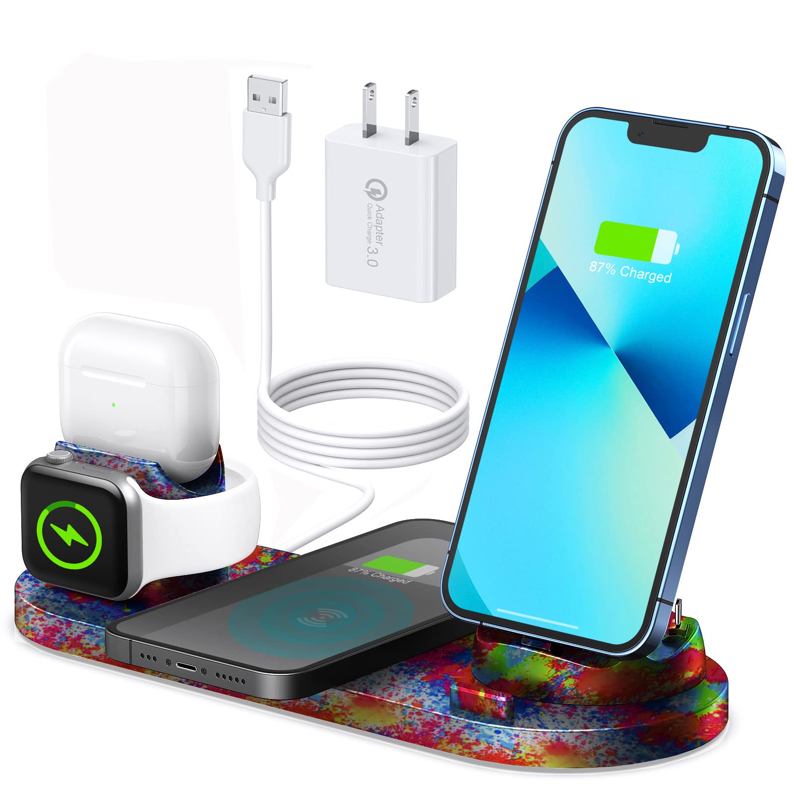 Atrden [Multi-Function Wireless Charging Station] 6 in 1, 15W Fast Wireless Charger for iPhone 14/13/12/11 Series, iWatch 7/6/5/4/3, AirPods and Smartphones (Colourful)