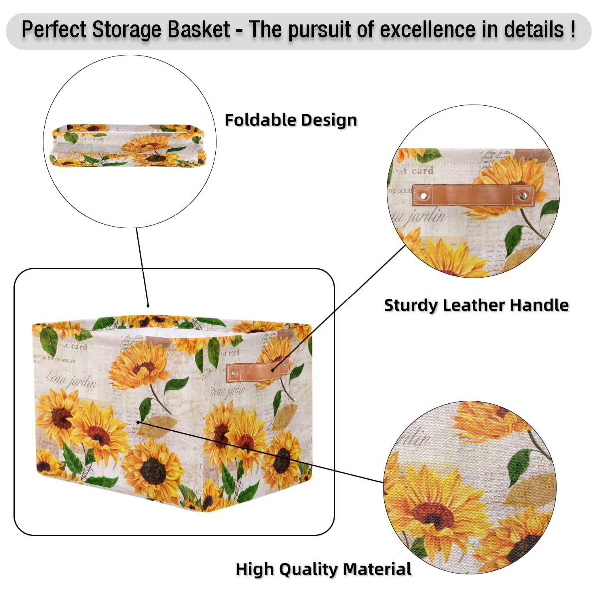 Storage Basket Flower Floral Sunflower, Large Foldable Organizer Storage Bins for Shelves, Sturdy Canvas Cubes Storage Boxes with Handles for Toys Closet Nursery Office Living Room 15" x 11" x 9.5"