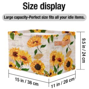 Storage Basket Flower Floral Sunflower, Large Foldable Organizer Storage Bins for Shelves, Sturdy Canvas Cubes Storage Boxes with Handles for Toys Closet Nursery Office Living Room 15" x 11" x 9.5"