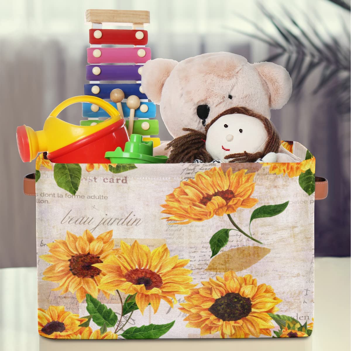 Storage Basket Flower Floral Sunflower, Large Foldable Organizer Storage Bins for Shelves, Sturdy Canvas Cubes Storage Boxes with Handles for Toys Closet Nursery Office Living Room 15" x 11" x 9.5"