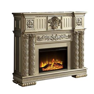 benjara jess 59 inch classical electric fireplace, carved, remote, timer, gold