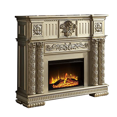 Benjara Jess 59 Inch Classical Electric Fireplace, Carved, Remote, Timer, Gold