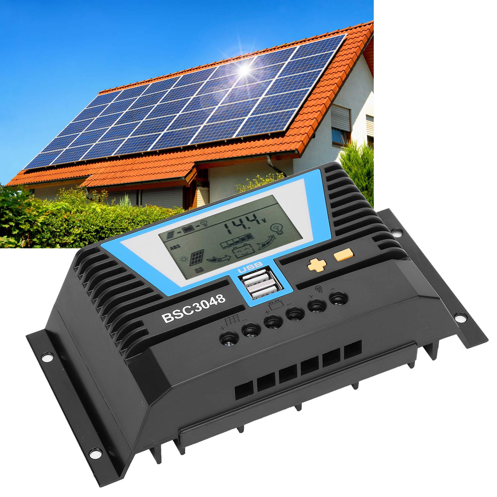 30A MPPT Solar Controller, 12V24V36V48V Intelligent Regulator, Charging Control, with Dual USB Port, LCD Digital Panel for Battery