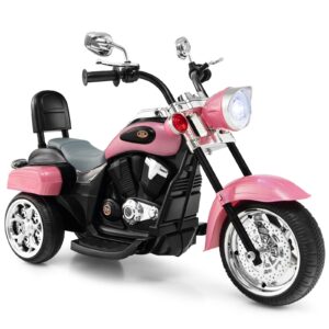 olakids kids electric motorcycle, 6v battery powered ride on chopper motorcycle with horn, headlights, 3 training wheels electric motorcycle for children (pink)