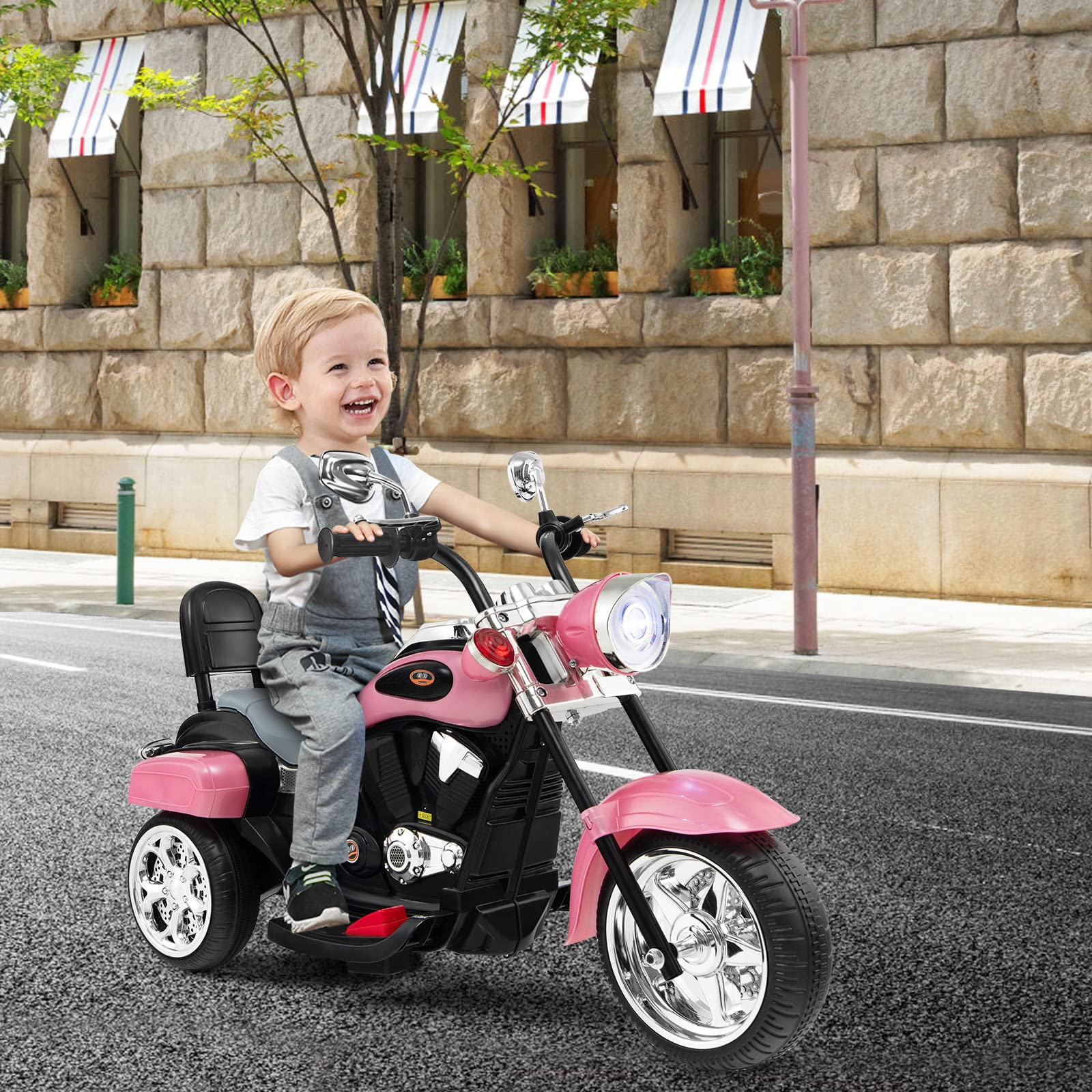 OLAKIDS Kids Electric Motorcycle, 6V Battery Powered Ride on Chopper Motorcycle with Horn, Headlights, 3 Training Wheels Electric Motorcycle for Children (Pink)